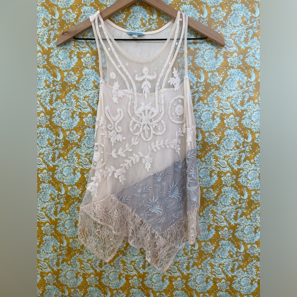 Anthropologie Tops - Leifnotes Anthropologie Sleeveless Tank Top Boho Lace Overlay Knit Ivory